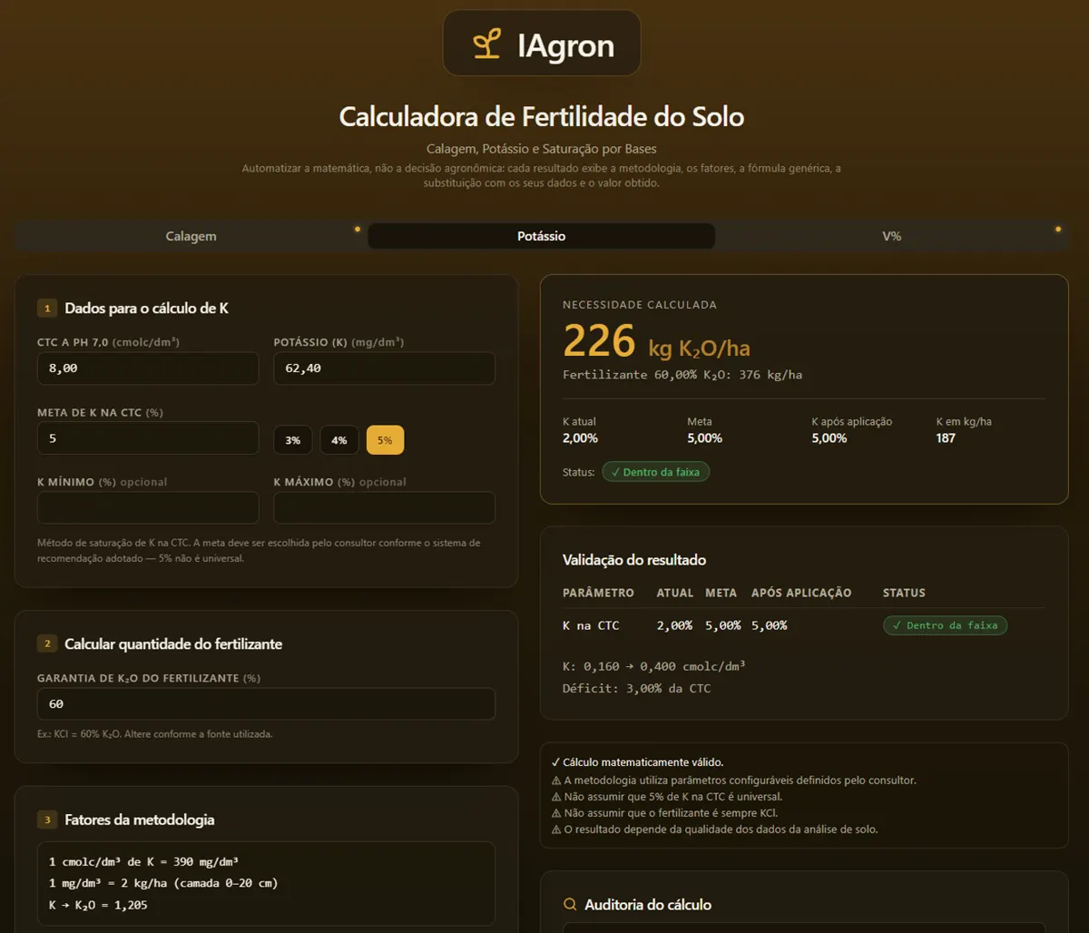 Cálculo de potássio (K e K₂O) no IAgron