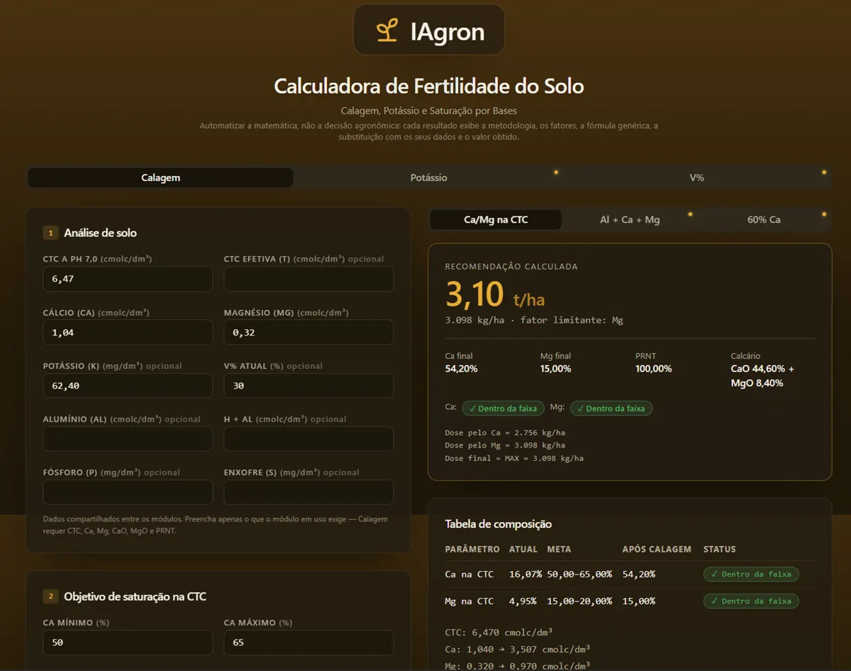 Cálculo de calagem na Calculadora de Fertilidade do Solo do IAgron